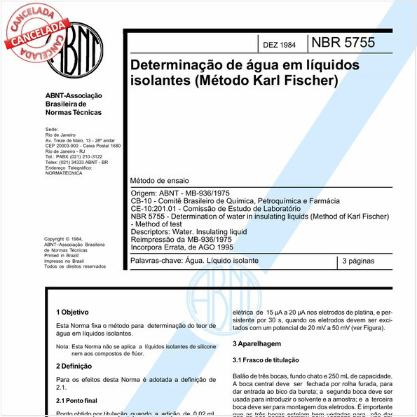 Determinação de água em líquidos isolantes (Método Karl Fischer)