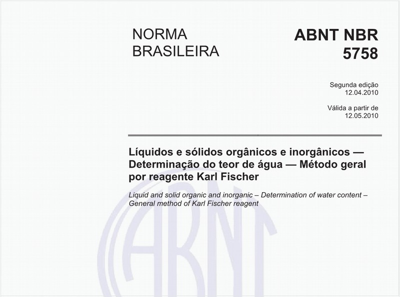 Líquidos e sólidos orgânicos e inorgânicos — Determinação do teor de água — Método geral por reagente Karl Fischer