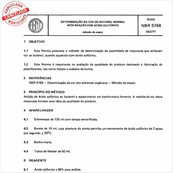 Determinação da cor do butanol normal após reação com ácido sulfúrico