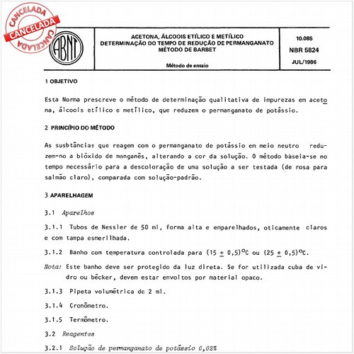 Acetona, álcoois etílico e metílico - Determinação do tempo de redução de permanganato - Método de Barbet