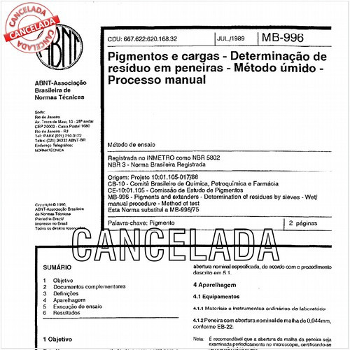Pigmentos e cargas - Determinação de resíduo em peneiras - Método úmido - Processo manual