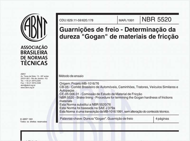 Guarnições de freio - Determinação da dureza "Gogan" de materiais de fricção
