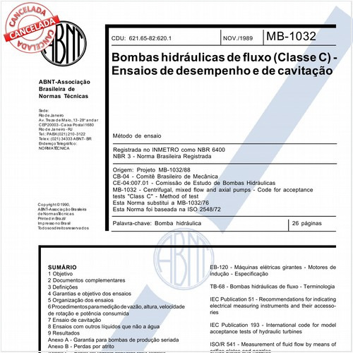 Bombas hidráulicas de fluxo (classe C) - Ensaios de desempenho e de cavitação