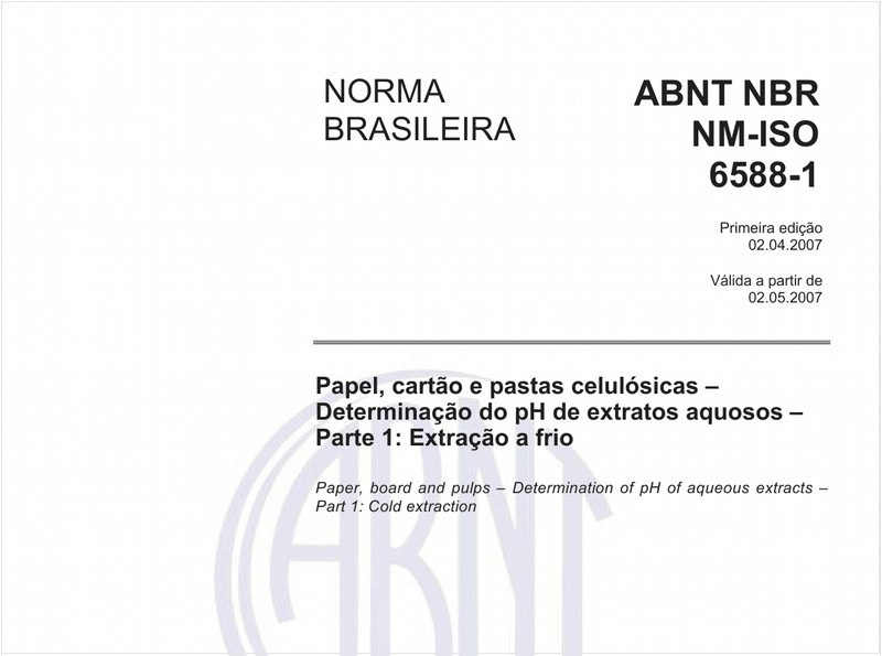 Papel, cartão e pastas celulósicas - Determinação do pH de extratos aquosos - Parte 1: Extração a frio