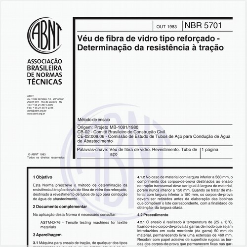Véu de fibra de vidro tipo reforçado - Determinação da resistência à tração