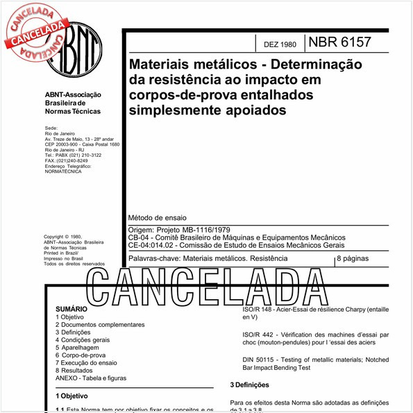 Materiais metálicos - Determinação da resistência ao impacto em corpos-de-prova entalhados simplesmente apoiados