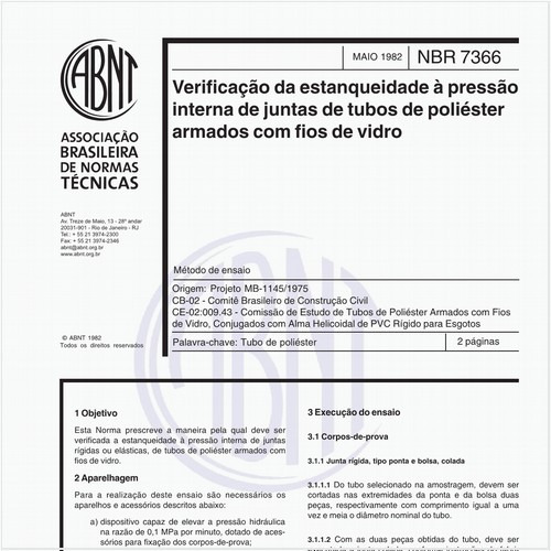 Verificação da estanqueidade à pressão interna de juntas de tubos de poliéster armados com fios de vidro