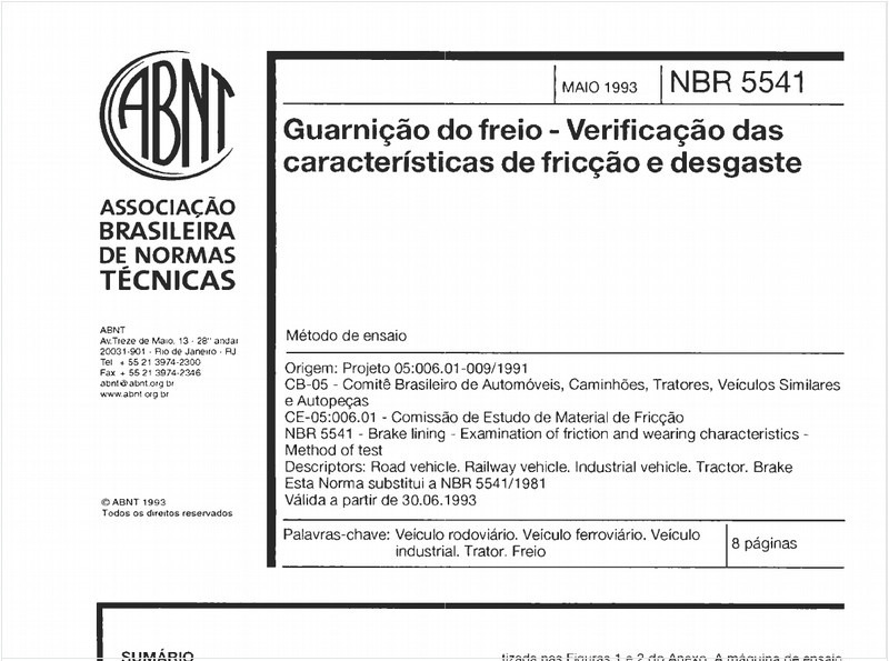 Guarnição do freio - Verificação das características de fricção e desgaste