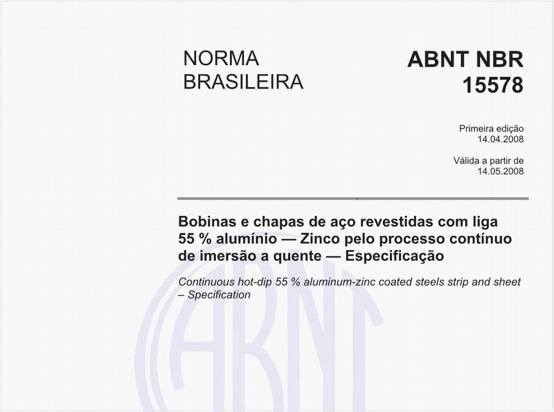 Bobinas e chapas de aço revestidas com liga 55% alumínio - Zinco pelo processo contínuo de imersão a quente - Especificação