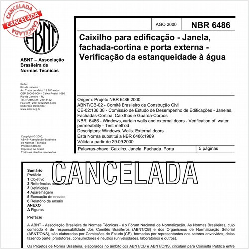 Caixilho para edificação - Janela, fachada-cortina e porta externa -  Verificação da estanqueidade à água