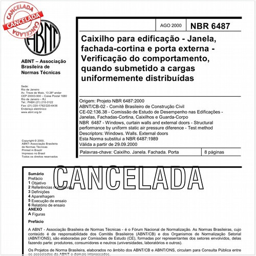 Caixilho para edificação - Janela, fachada-cortina e porta externa - Verificação do comportamento, quando submetido a cargas uniformemente distribuídas