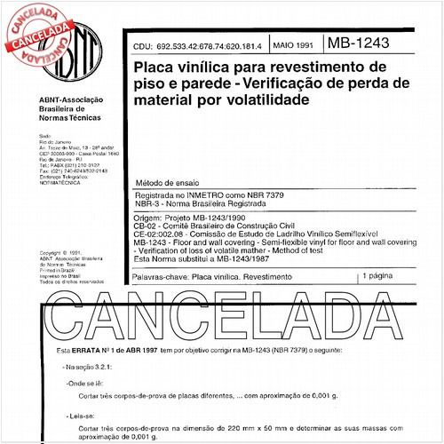 Placas vinílica para revestimento de piso e parede - Verificação de perda de material por volatilidade