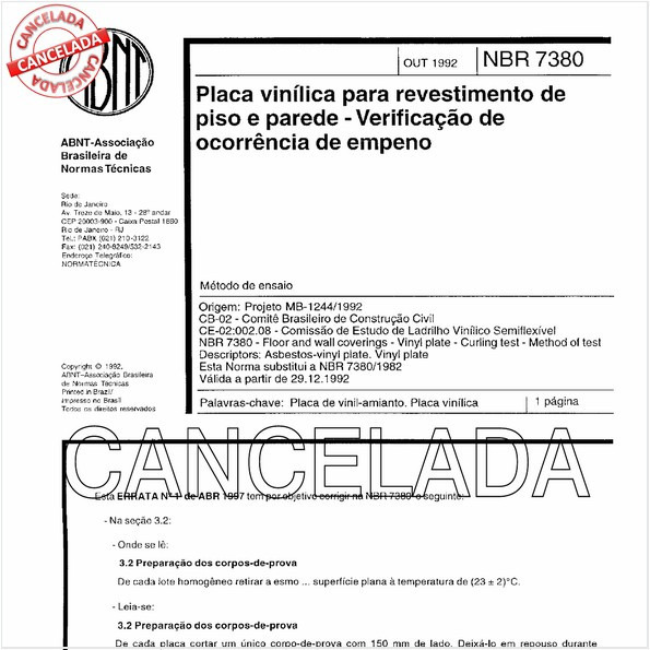 Placa vinílica para revestimento de piso e parede - Verificação de ocorrência de empeno