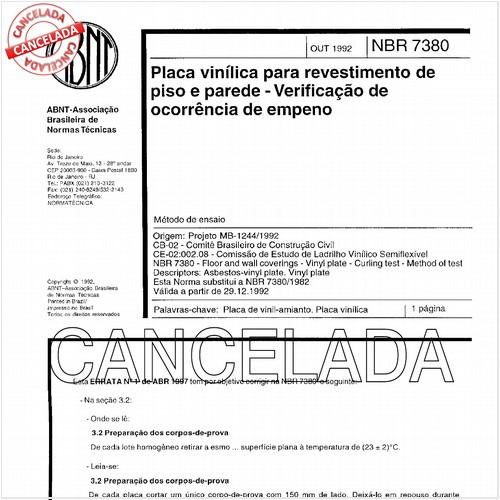 Placa vinílica para revestimento de piso e parede - Verificação de ocorrência de empeno