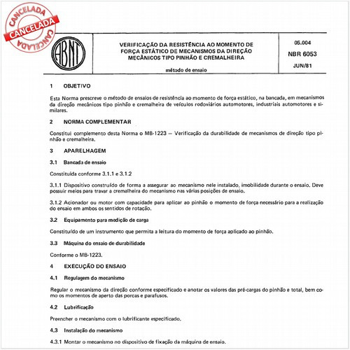 Verificação da resistência ao momento de força estático de mecanismos da direção mecânicos tipos pinhão e cremalheira