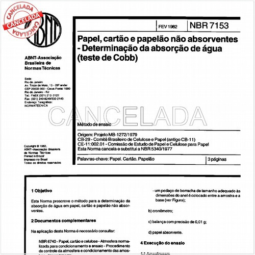 Papel, cartão e papelão não absorventes - Determinação da absorção de água (teste de Cobb)