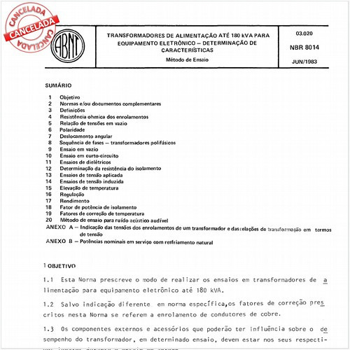 Transformadores de alimentação até 180 kVA para equipamento eletrônico - Determinação de características