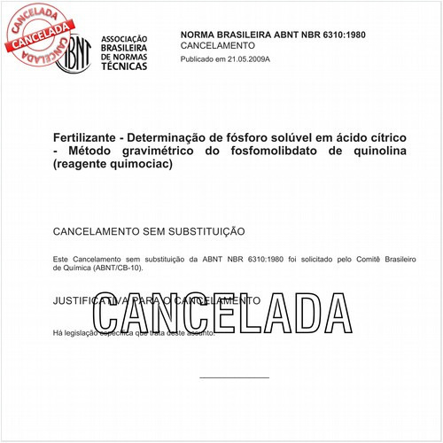 Fertilizante - Determinação de fósforo solúvel em ácido cítrico - Método gravimétrico do fosfomolibdato de quinolina (reagente quimociac)
