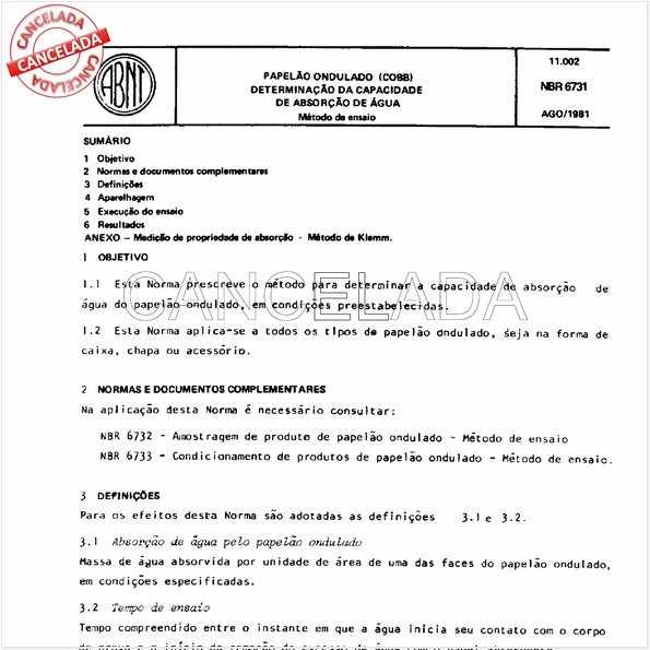 Papelão ondulado (Cobb) - Determinação da capacidade de absorção de água