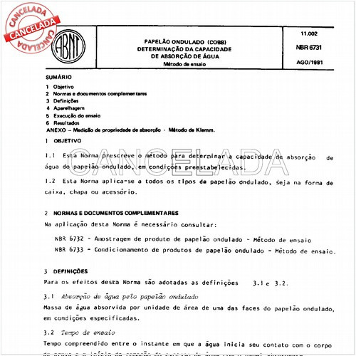 Papelão ondulado (Cobb) - Determinação da capacidade de absorção de água