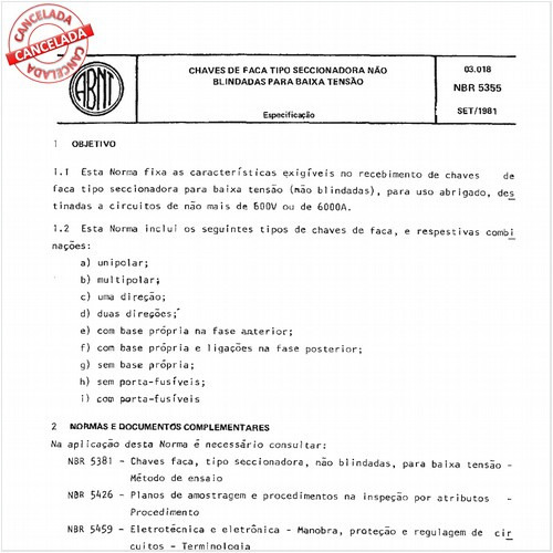 Chaves de faca, tipo seccionadora, não blindadas para baixa tensão