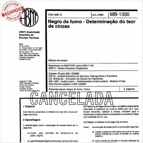 Negro de fumo - Determinação do teor de cinzas