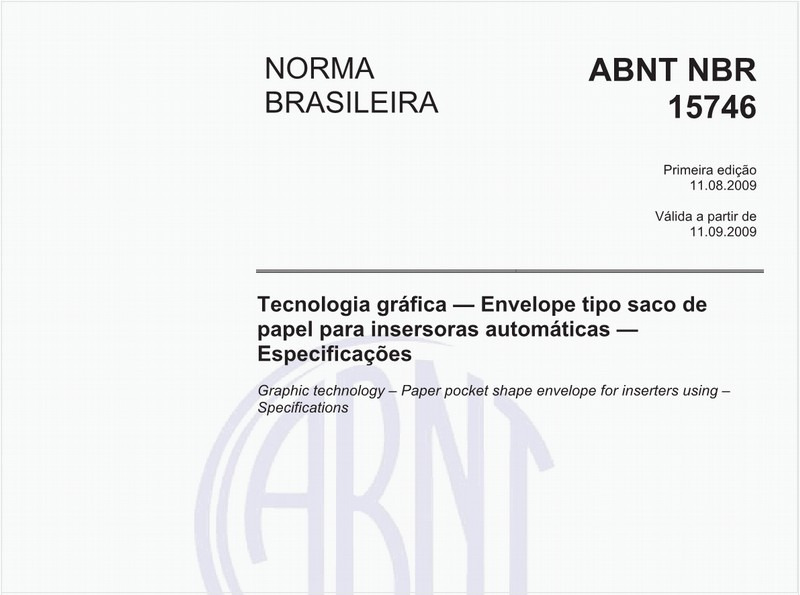 Tecnologia gráfica - Envelope tipo saco de papel para insersoras automáticas - Especificações