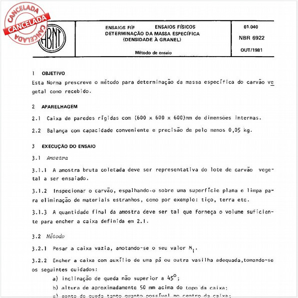 Carvão vegetal - Ensaios fisicos - Determinação da massa específica - Densidade a granel
