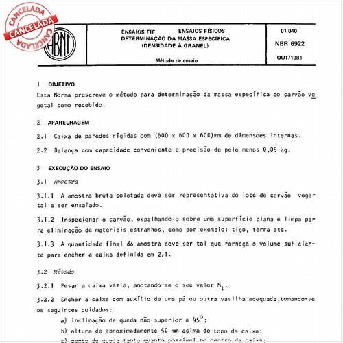 Carvão vegetal - Ensaios fisicos - Determinação da massa específica - Densidade a granel