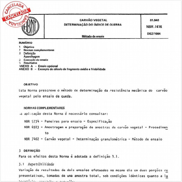 Carvão vegetal - Determinação do índice de quebra