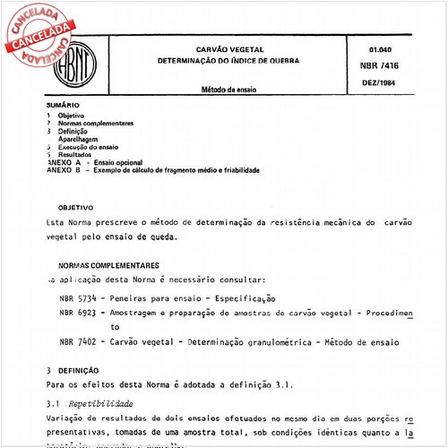 Carvão vegetal - Determinação do índice de quebra