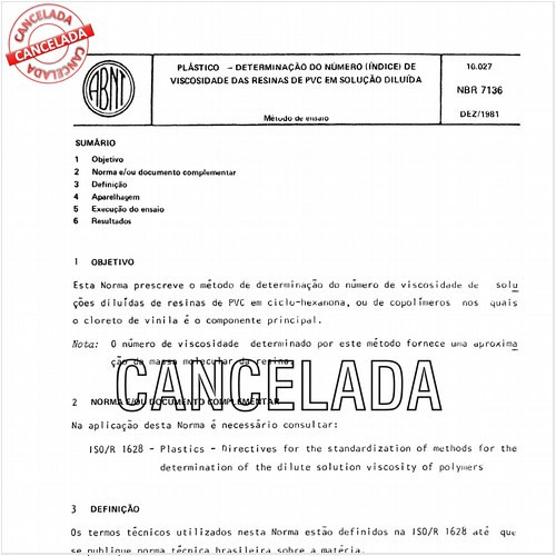 Plásticos - Determinação do número - Indice de viscosidade das resinas de PVC em solução diluída