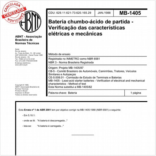 Bateria chumbo-ácido de partida - Verificação das características elétricas e mecânicas