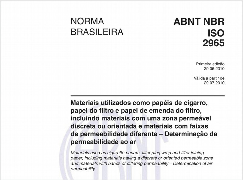 Materiais utilizados como papéis de cigarro, papel do filtro e papel de emenda do filtro, incluindo materiais com uma zona permeável discreta ou orientada e materiais com faixas de permeabilidade diferente – Determinação da permeabilidade ao ar