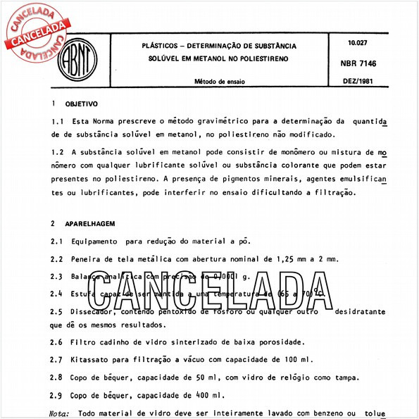 Plásticos - Determinação de substância solúvel em metanol no poliestireno