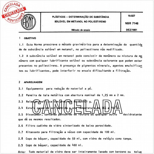 Plásticos - Determinação de substância solúvel em metanol no poliestireno