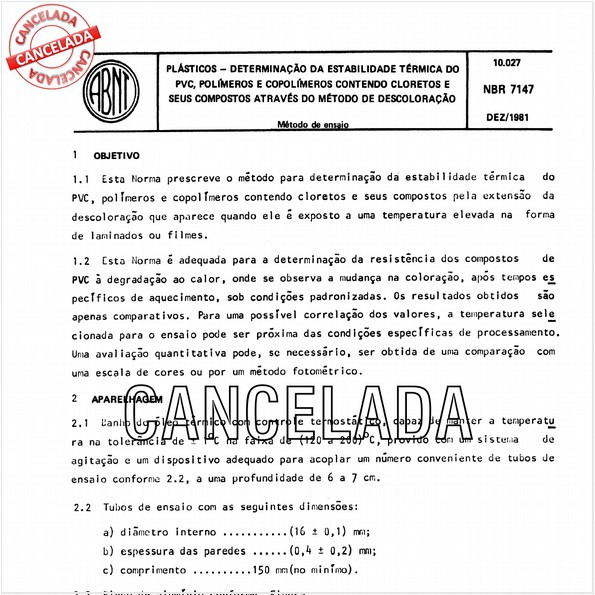 Plásticos - Determinação da estabilidade térmica do PVC, polímeros e copolímeros contendo cloretos e seus compostos através do método de descoloração