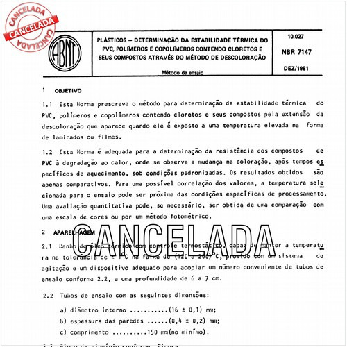 Plásticos - Determinação da estabilidade térmica do PVC, polímeros e copolímeros contendo cloretos e seus compostos através do método de descoloração