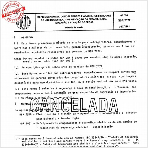 Refrigeradores, congeladores e aparelhos similares de uso doméstico - Verificação da estabilidade, isolação e fixação de peças