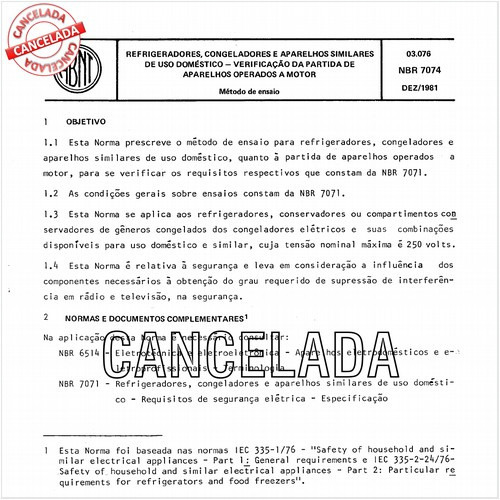 Refrigeradores, congeladores e aparelhos similares de uso doméstico - Verificação da partida de aparelhos operados a motor