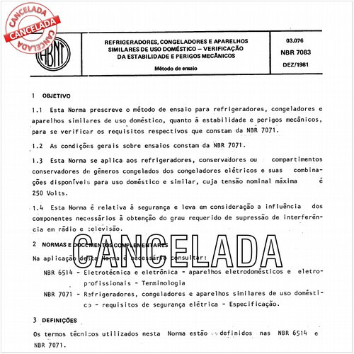 Refrigeradores, congeladores e aparelhos similares de uso doméstico - Verificação da estabilidade e perigos mecânicos