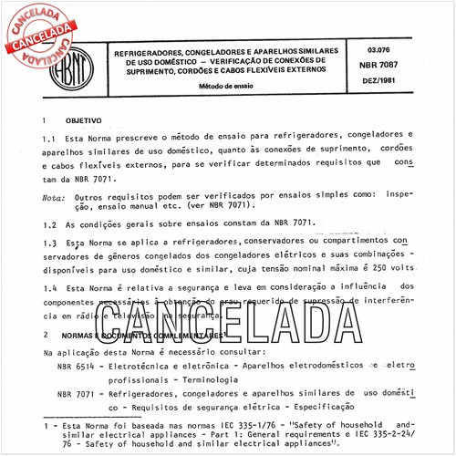 Refrigeradores, congeladores e aparelhos similares de uso doméstico - Verificação de conexões de suprimento, cordões e cabos flexíveis externos