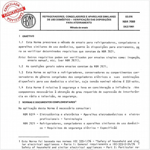 Refrigeradores, congeladores e aparelhos similares de uso doméstico - Verificação das disposições para aterramento