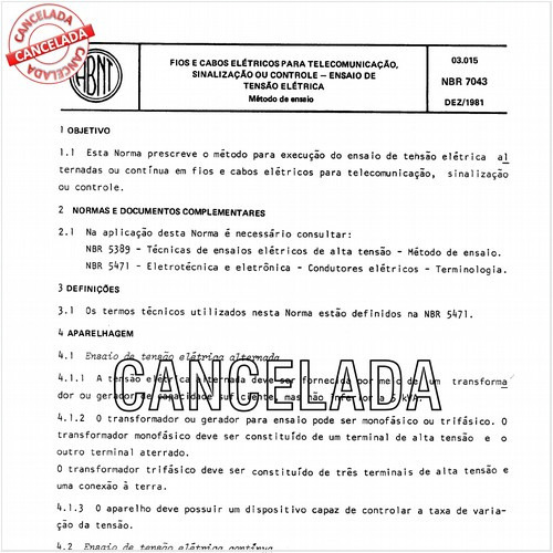 Fios e cabos elétricos para telecomunicação, sinalização ou controle - Ensaio de tensão elétrica