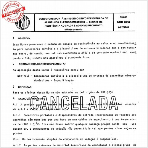 Conectores portáteis e dispositivos de entrada de aparelhos eletrodomésticos - Ensaio de resistência ao calor e ao envelhecimento