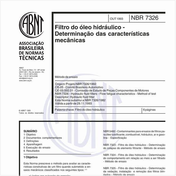 Filtro do óleo hidráulico - Determinação das características mecânicas
