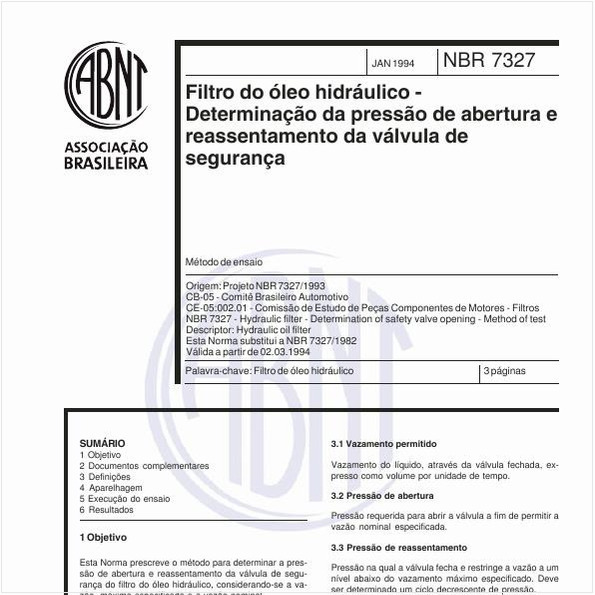 Filtro do óleo hidráulico - Determinação da pressão de abertura e reassentamento da vávula de segurança