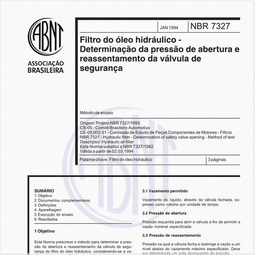 Filtro do óleo hidráulico - Determinação da pressão de abertura e reassentamento da vávula de segurança