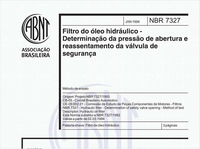 Filtro do óleo hidráulico - Determinação da pressão de abertura e reassentamento da vávula de segurança