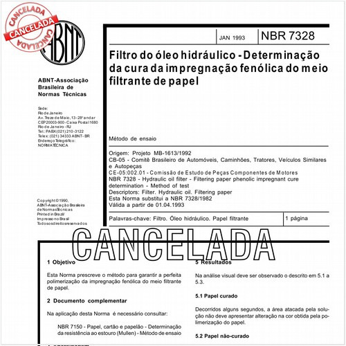 Filtro do óleo hidráulico - Determinação da cura da impregnação fenólica do meio filtrante de papel